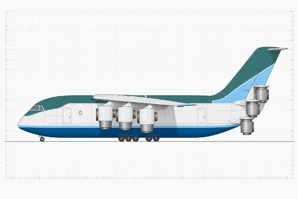 Side elevation of a broad short-haul airliner with an almost square plan and four large engine nacelles beneath the wing, rotated downward for vertical lift.