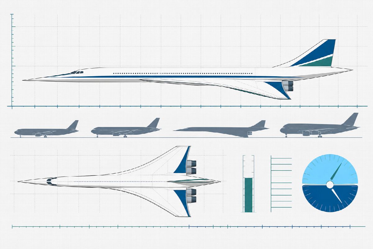 Comparative side elevation and plan view of a slender wide-bodied supersonic airliner with a sharply swept delta wing, on a measurement baseline.