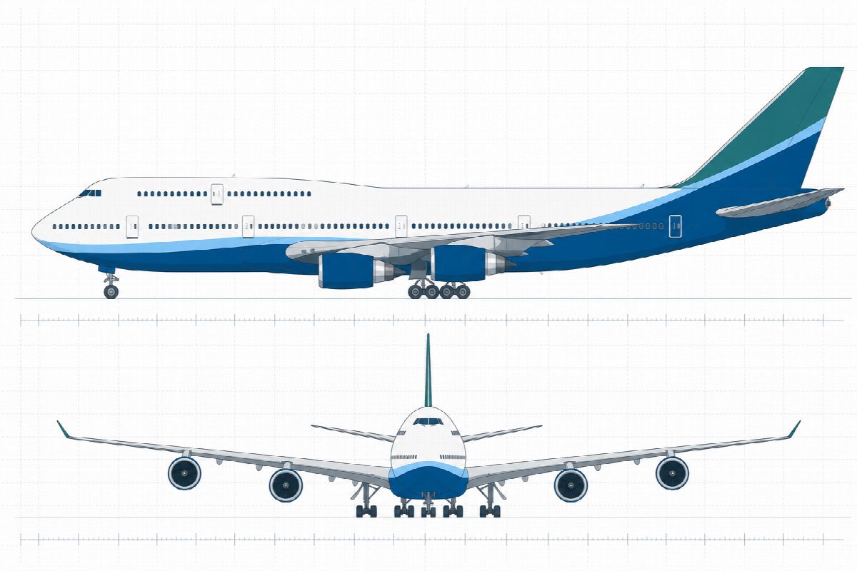 Comparative side elevation of a large twin-deck cruising aircraft with many cabin windows.