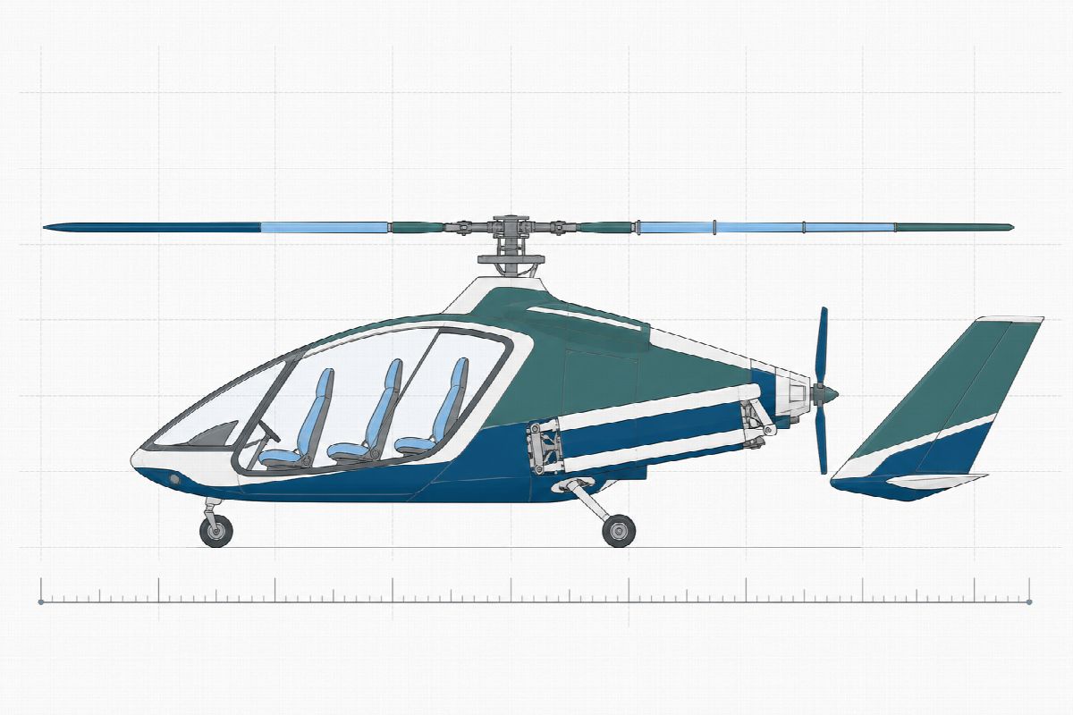 Side elevation of a small three-seat hybrid rotor aircraft with folding wings.