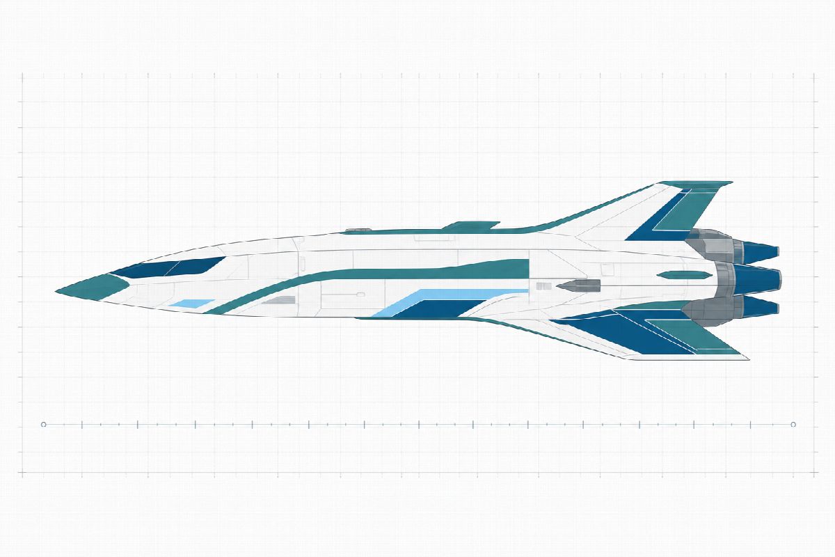 Side elevation of an arrow-like suborbital service ship with soft aerodynamic curves.