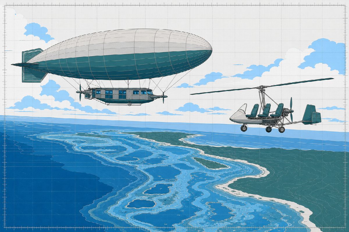 A cruising airship form and a small rotor aircraft above a stylised coastline and reef.