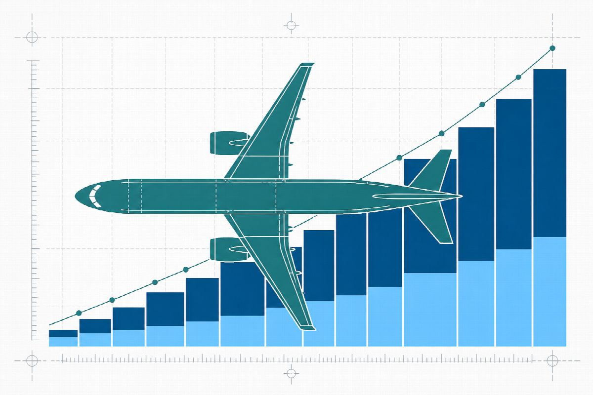 Aircraft silhouette overlaid on a rising stepped bar pattern and a thin trend line.