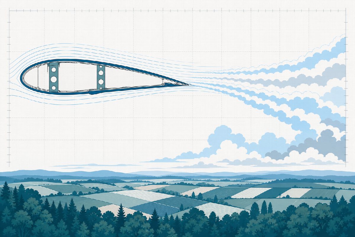 Wing cross-section diagram above a band of forest and farmland, with dispersing contrail lines.