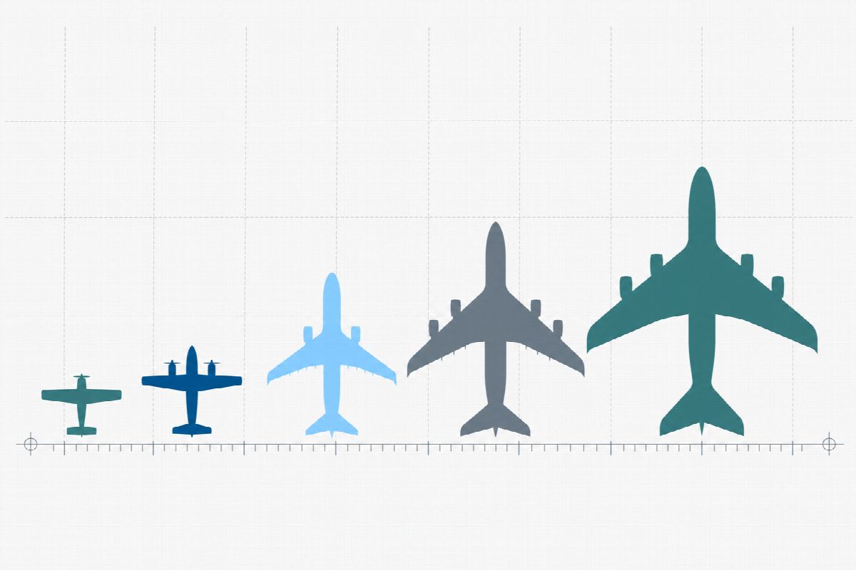 Five aircraft silhouettes of increasing size arranged on a measurement baseline.