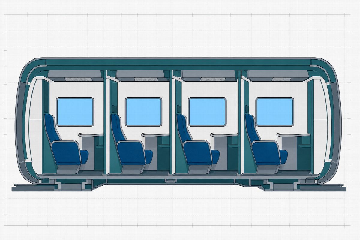 Flat cutaway diagram of a cabin with private booths and screen panels in place of windows.