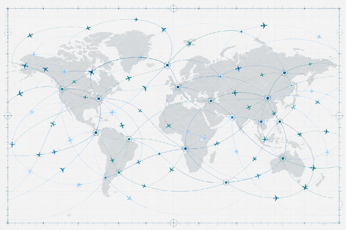 Route-map diagram with many small aircraft silhouettes and great-circle arcs.